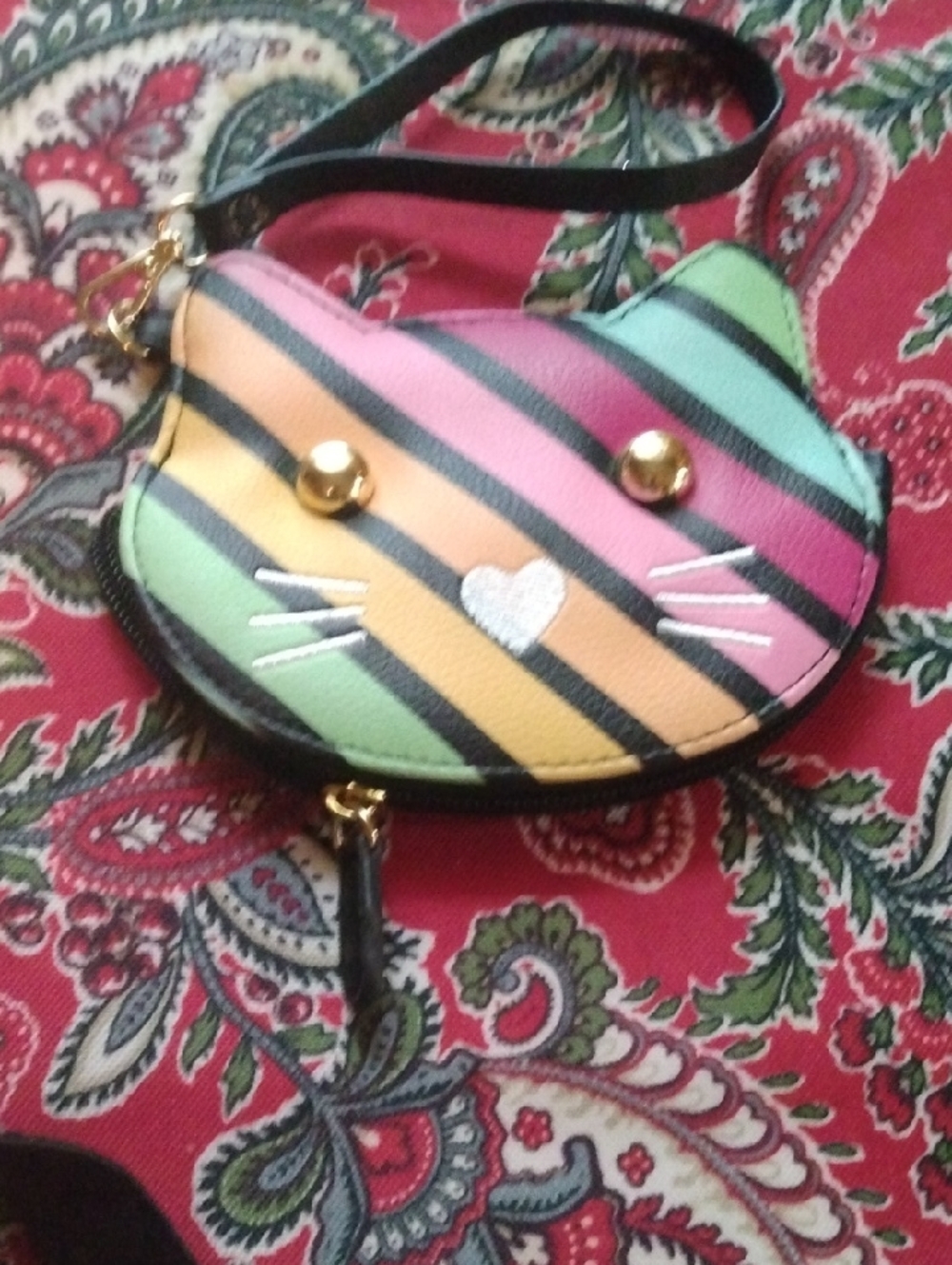 Betsey Johnson Cute Cat Wristlet Purse — Rainbow Striped